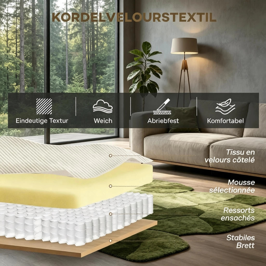 Divano 3 posti in velluto beige 218 cm con braccioli larghi e 2 cuscini