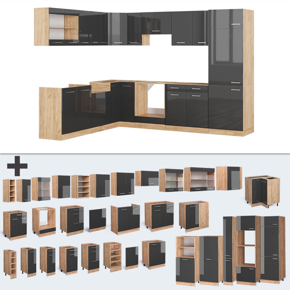 Cucina angolare completa R-Line Antracite lucido/Rovere dorato 287 x 227 cm, PL Rovere Vicco