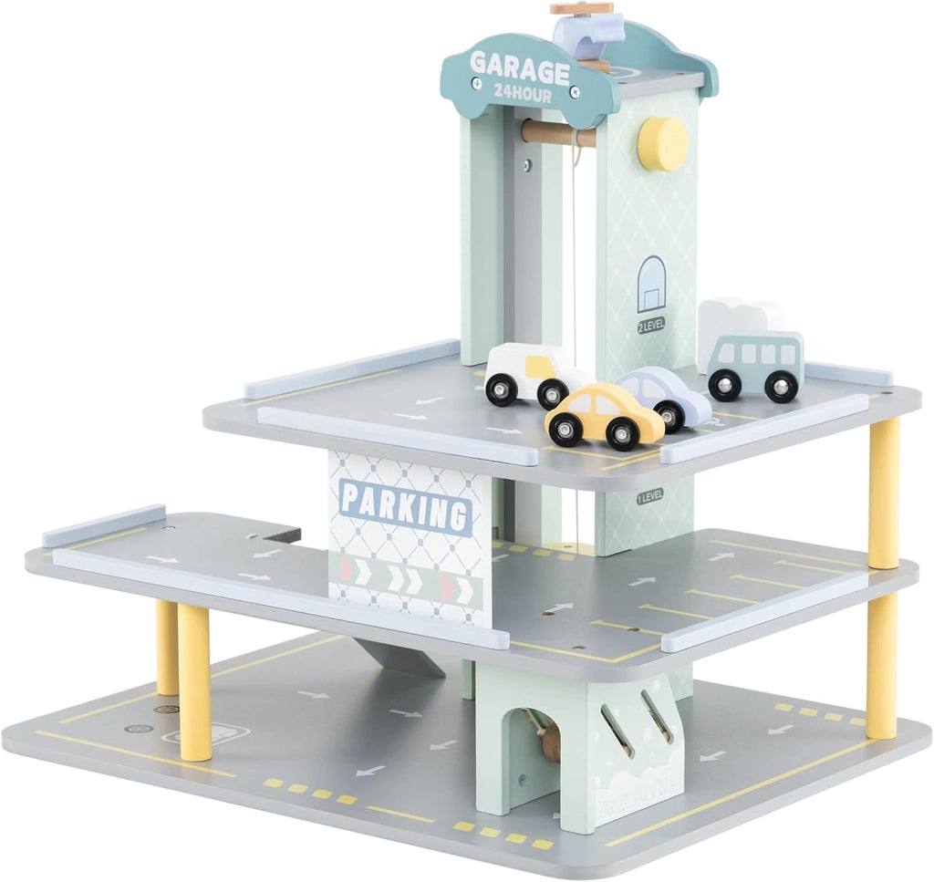 Set di Gioco Garage per Parcheggio, Garage di Giocattolo in Legno a 3 Strati con 4 Auto, Stazione di Servizio, Ascensore, Barra di Sollevamento, per Bambini di 3+ Anni