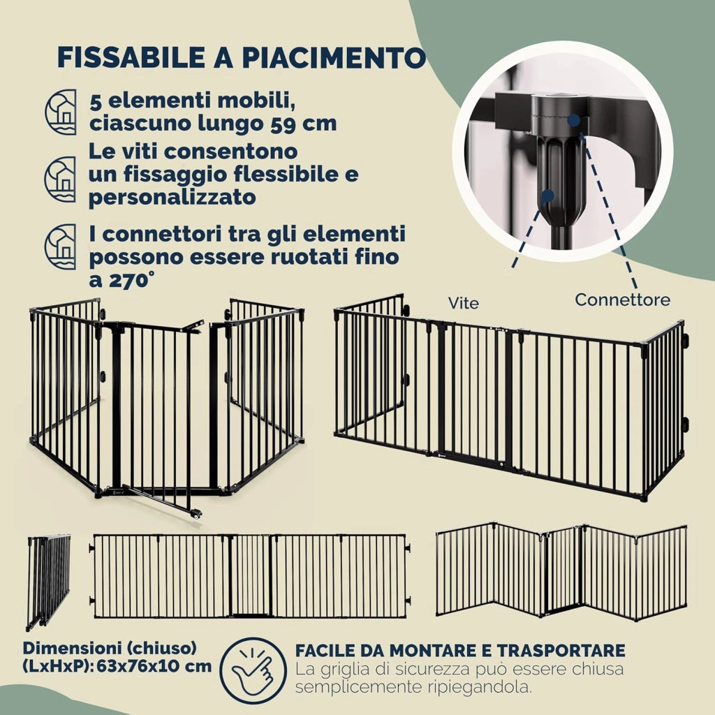 ® Cancelletto di Sicurezza per Caminetto per Bambini con Sportello in Metallo 306x76cm Protezione Cani Animali Barriera Cancello Camino Scale Stufa