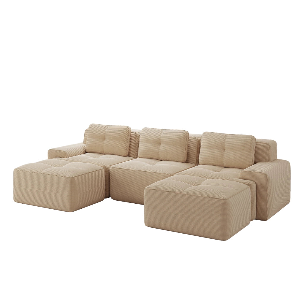 Divano modulare a U in velluto a coste beige con ottomana; 293 x 177 x 69 cm