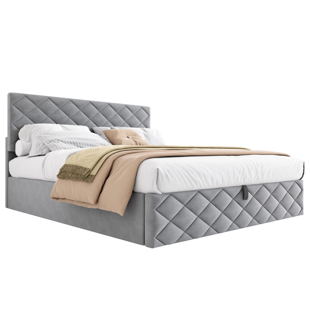 Letto imbottito grigio 140x200 cm con contenitore idraulico