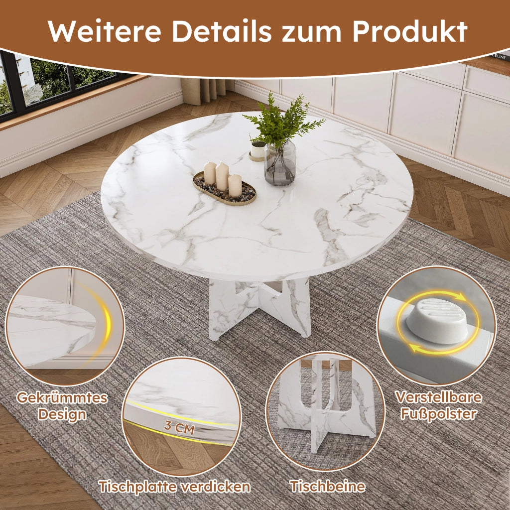 Tavolo da pranzo rotondo stabile in MDF con effetto marmo bianco per 4-6 persone per cucina e soggiorno Ø 120 × 76 cm
