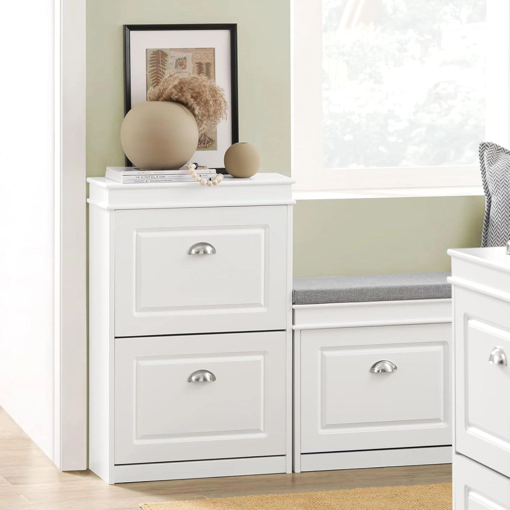 Scarpiera Salvaspazio Slim Mobiletto da Ingresso con 2 Ante a Ribalta, Armadio Portascarpe Scarpiera Legno Moderna per Ingresso, Corridoio o Camera da Letto 54x24x83cm Bianco FSR78-W