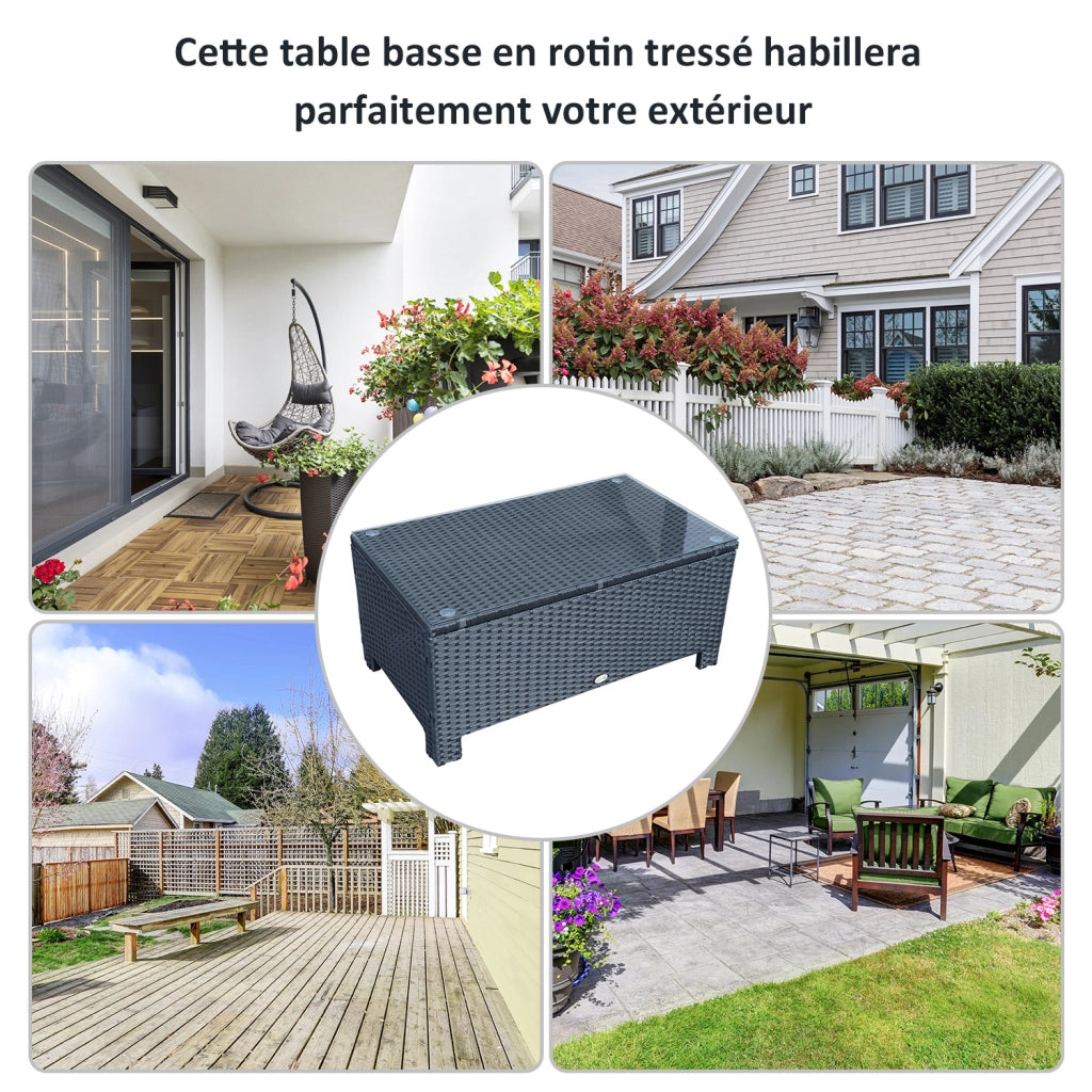 Tavolino da giardino in rattan con piano in vetro temperato ¨C zephmum ¨C Nero 85x50x39cm
