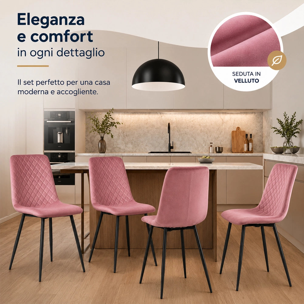 Set 4 Sedie Rosa con Rivestimento in Velluto e Piedi Neri Seduta Ergonomica
