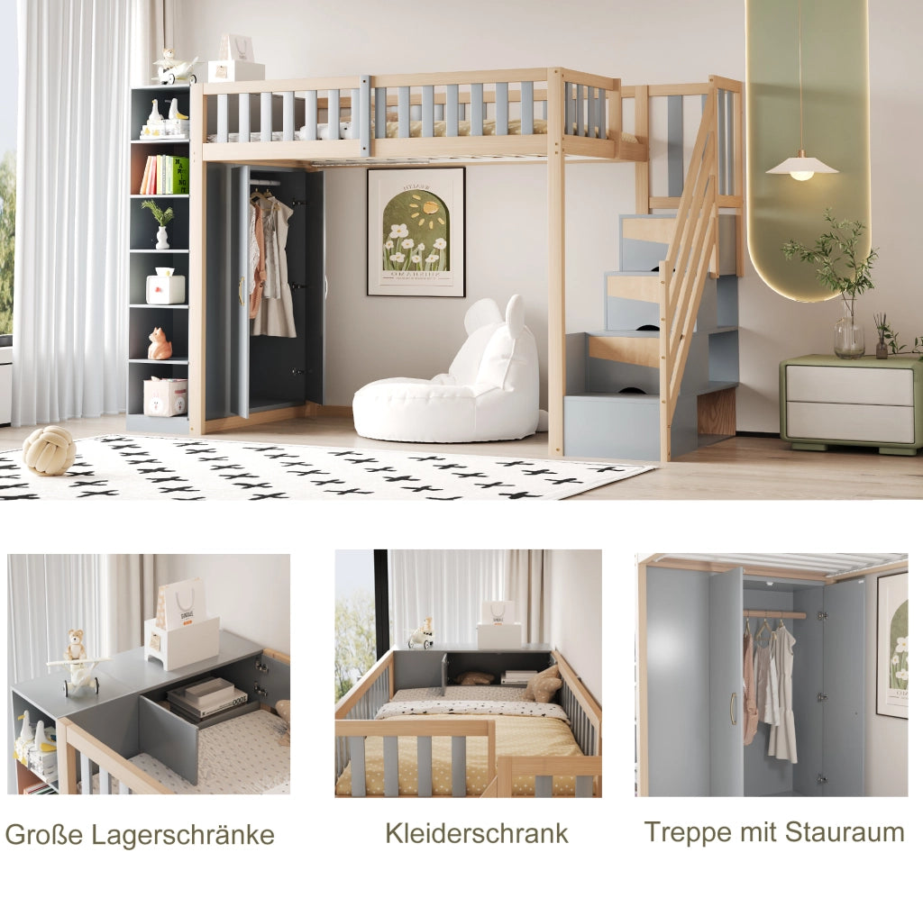 Letto a soppalco 90x200 cm con armadio; scale con cassetti e ripiani; grigio