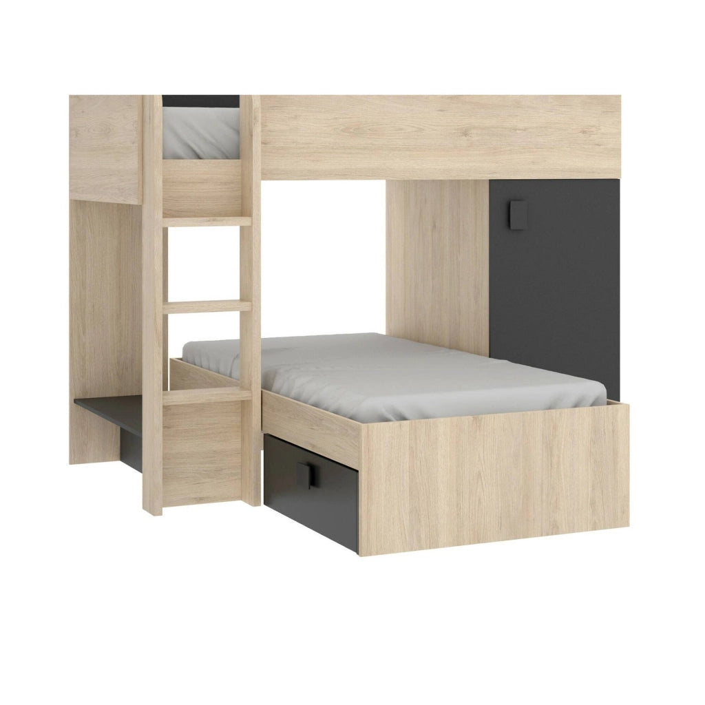 Letto per bambini Pax, Cameretta completa con armadio e cassetti, Composizione letto a castello con due lettini singoli, 255x112h150 cm, Rovere e Antracite