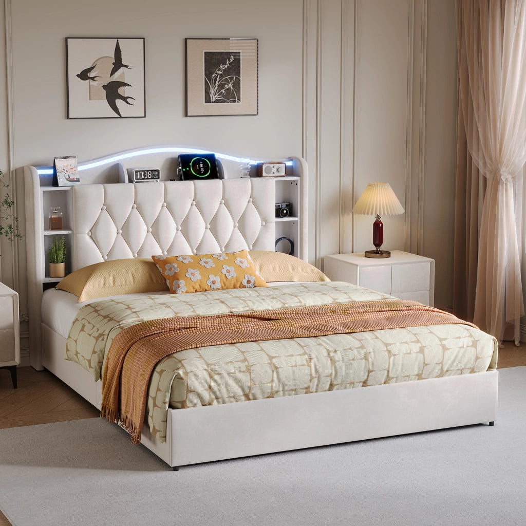 Letto matrimoniale 160x200 cm con contenitore LED RGB USB testiera rete a doghe velluto metallo legno - beige