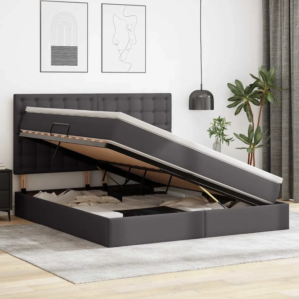 Letto con contenitore e LED Grigio 160 x 200 cm Pelle Sintetica