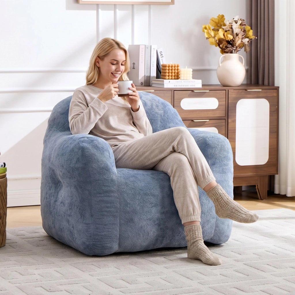 Pouf lounge in pelliccia sintetica con schienale ergonomico e imbottitura in schiuma sminuzzata senza montaggio blu