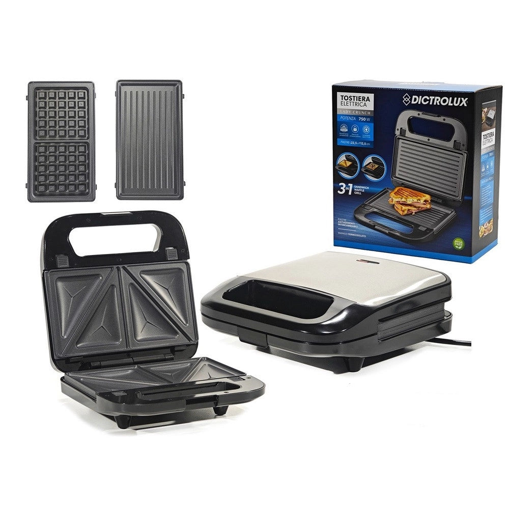 Trade Shop - Piastra Tostiera Elettrica 3in1 Con 3 Piastre Antiaderente Intercambiabili 750w Salvaspazio -