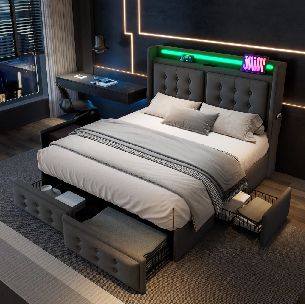 Letto 180 x 200 cm grigio con LED, ricarica e quattro cassetti