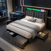 Letto 180 x 200 cm grigio con LED, ricarica e quattro cassetti