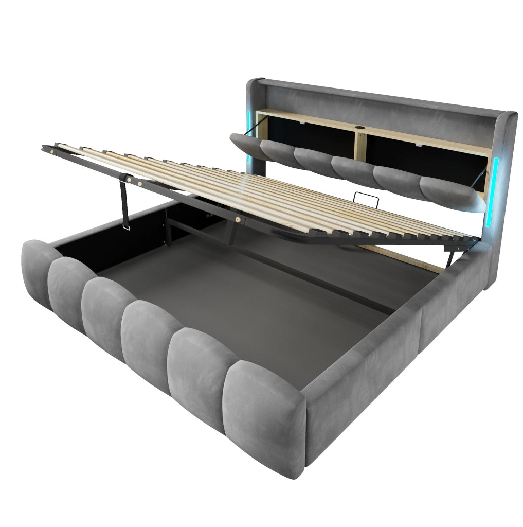 Letto imbottito 180x200 cm in velluto grigio con LED; vano contenitore e porte USB/Type-C