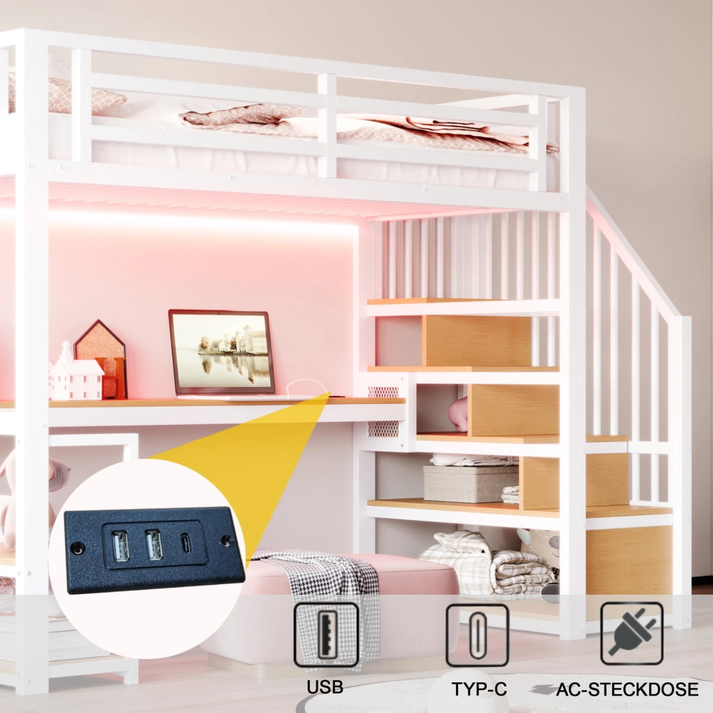 Letto a soppalco 90 × 200 cm con scala contenitore, ripiani, tavolo, barriera di sicurezza, senza materasso, bianco