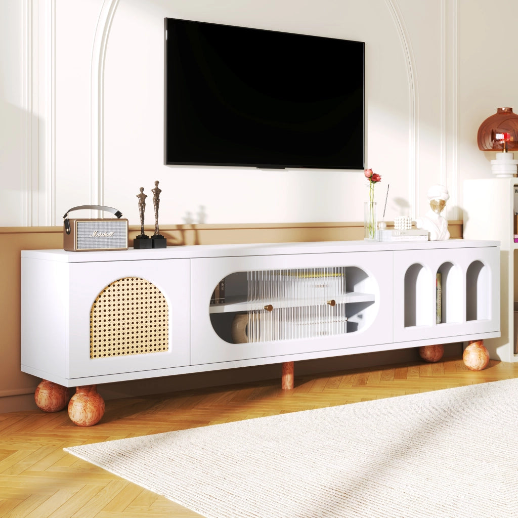 OKWISH Mobile TV con Ante Decorative e 3 Vani Aperti, Anta Scorrevole in Vetro, per Soggiorno, 170 x 47 x 37 cm