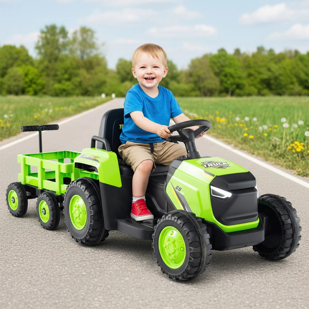 Trattore elettrico 12V con rimorchio staccabile e controllo remoto, Giocattolo trattore alimentato a batteria per bambini Verde-Macchinine giocattoli