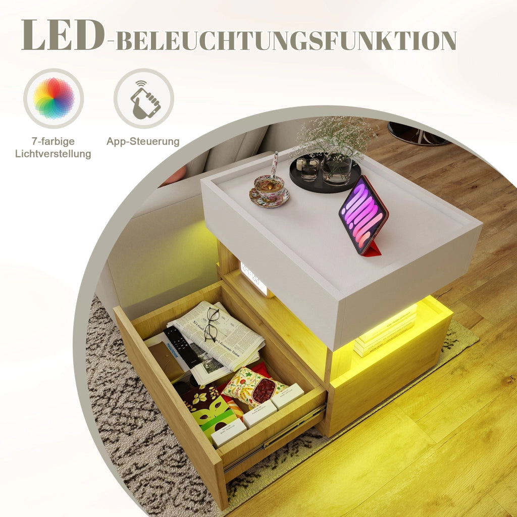 COMODINO 50x40x50 cm con ricarica wireless e LED, Bianco/Naturale, 2 cassetti