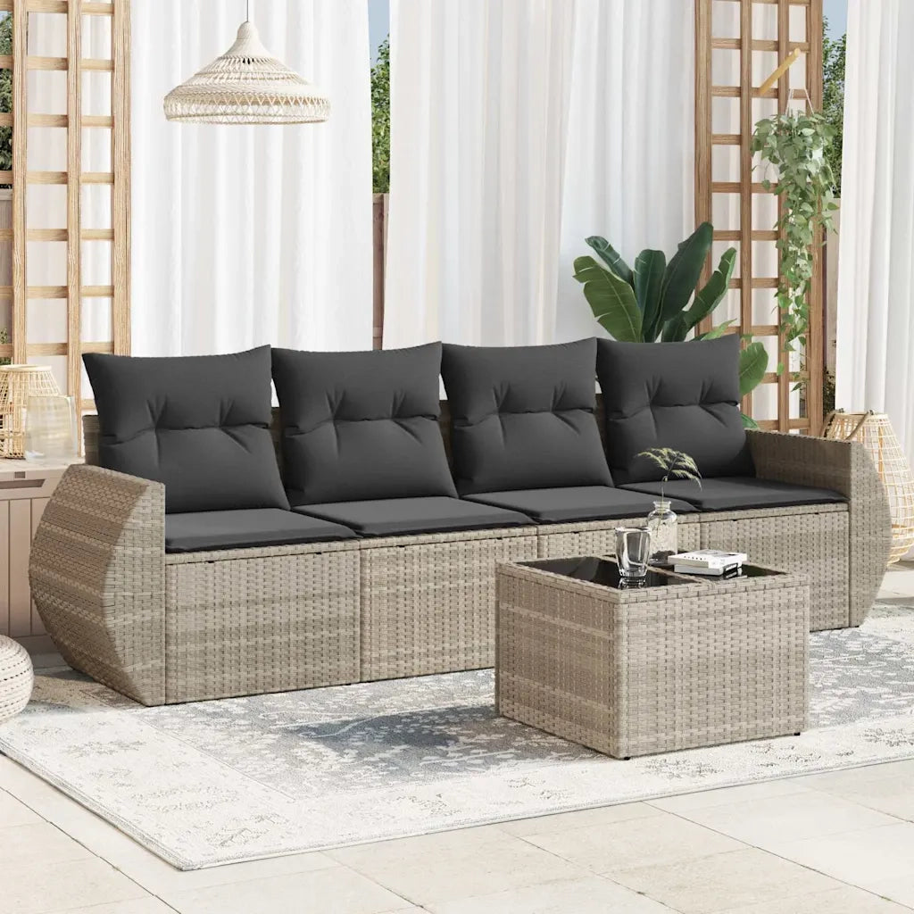 Set Divano da Giardino 5pz | Set Salotto da Giardino con Cuscini Grigio Chiaro Polyrattan