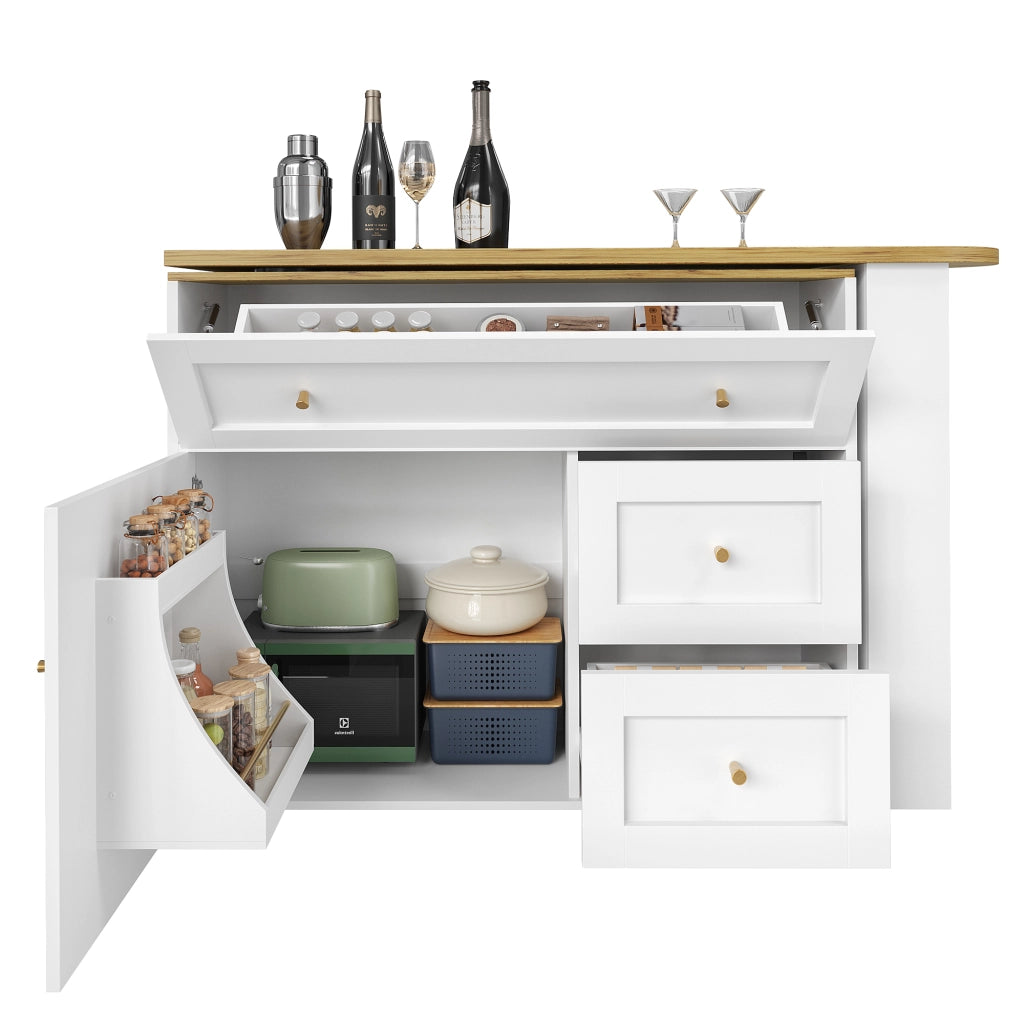 TAVOLO BAR ESTENSIBILE CON RIPIANO SNACK 138-204x39x105 cm Bianco MDF e metallo