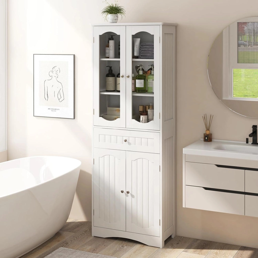 Mobile da Bagno a Terra, Armadietto da Bagno Alto, Mobiletto da Bagno Moderno, con 4 Ante in Vetro e 1 Cassetto, Ripiani Regolabili in Altezza, Ampio Spazio di Stoccaggio per Casa (Bianco)