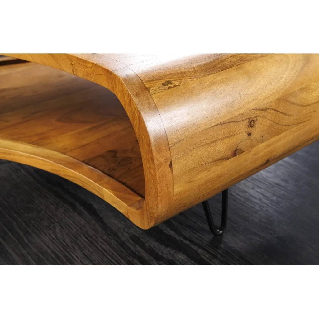 Tavolino basso NERA 90 cm in legno massiccio di acacia con nicchia e gambe in metallo nero – stile retrò industriale