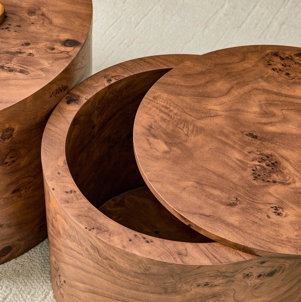 Set 2 tavolini rotondi nesting in MDF marrone con vano contenitore