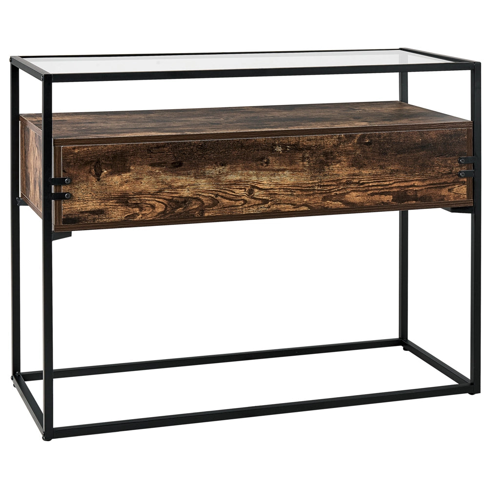 Tavolo consolle moderno piano in vetro struttura in metallo con 2 cassetti in legno scuro