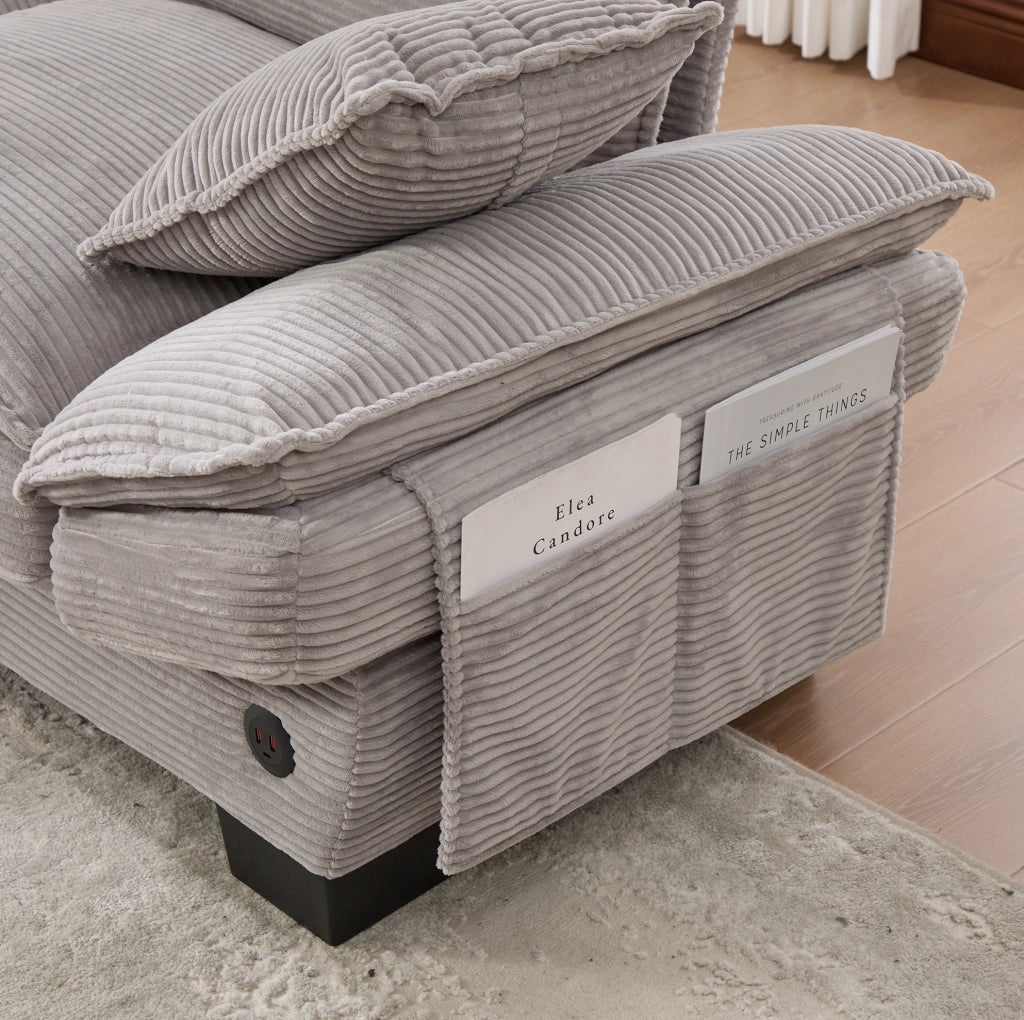 Divano 2 posti in velluto a coste con pouf e USB-C grigio chiaro
