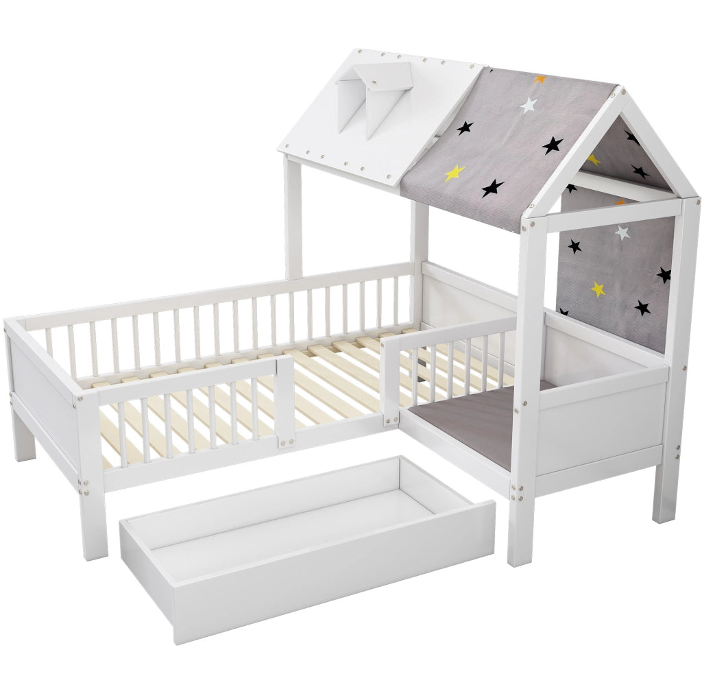 Letto per bambini a casetta 90x200 cm con cassetti in legno massello e MDF bianco