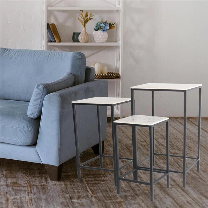 SET 3 TAVOLINI DECORATIVI A COLONNA QUADRATI 30X71H/25X61H/20X51H CM TOP BIANCO