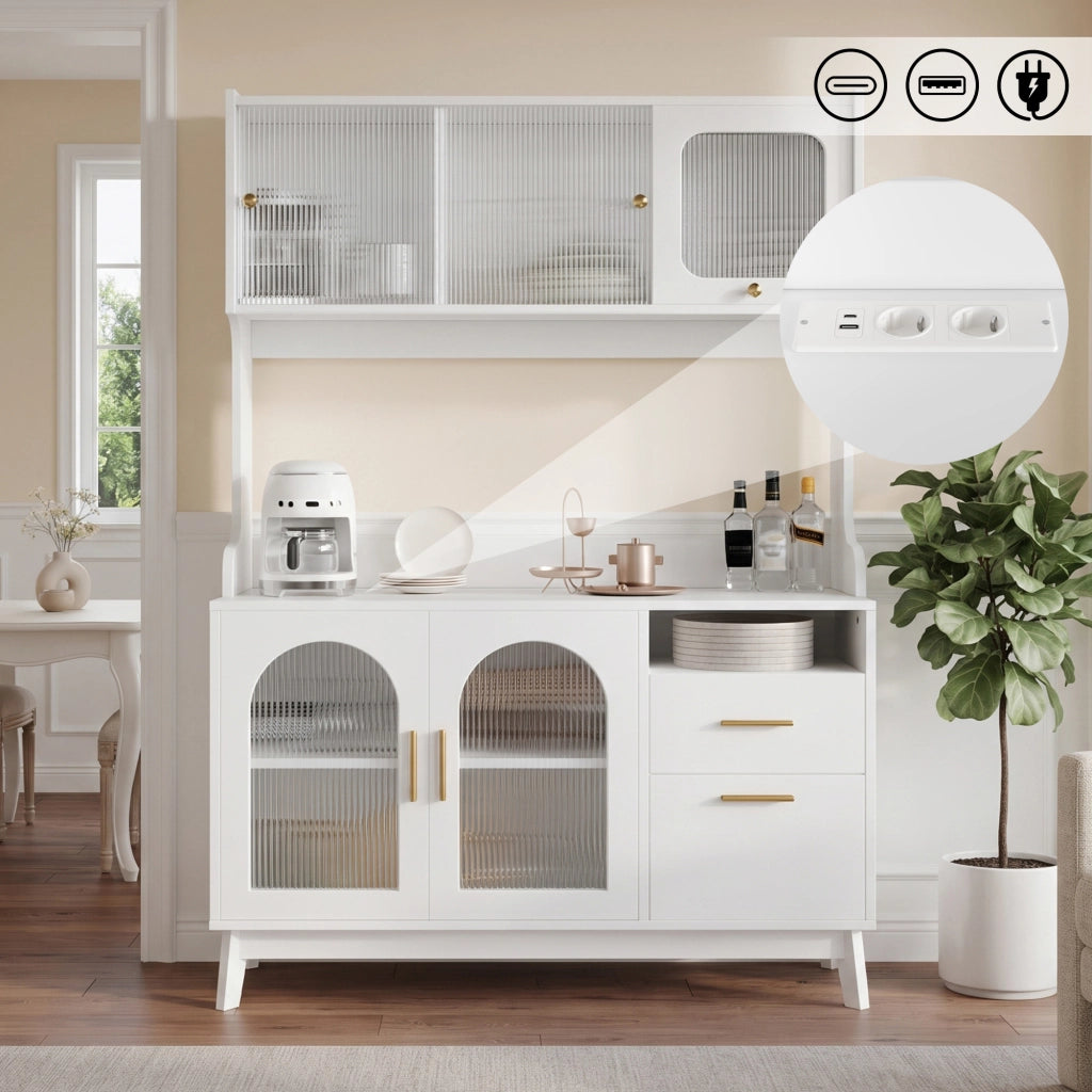 Credenza alta da sala da pranzo 120×40×178 cm, con ampio spazio contenitivo, prese integrate e porte USB, bianco