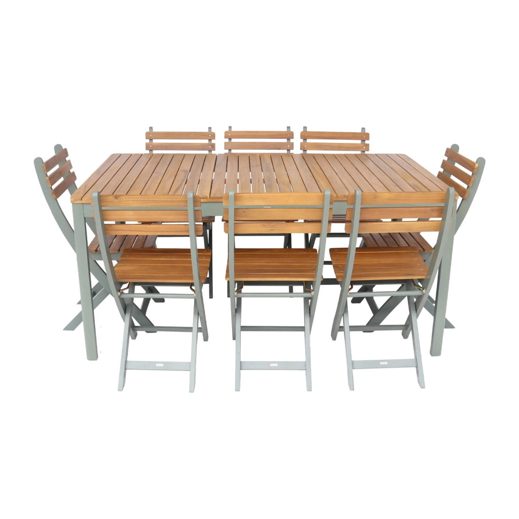 Set tavolo da giardino in acacia con angoli arrotondati con 8 sedie,