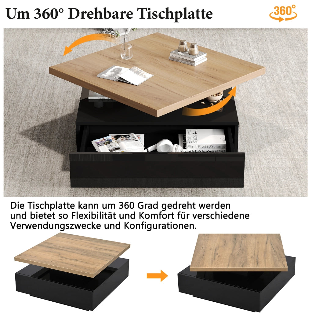 Tavolino da caffè quadrato girevole a 360° con vano nascosto 70x70x36 cm in truciolare; noce e nero