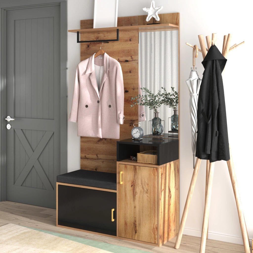 Set mobili da ingresso con specchio, panca scarpiera, appendiabiti da parete, 4 ganci, MDF nero