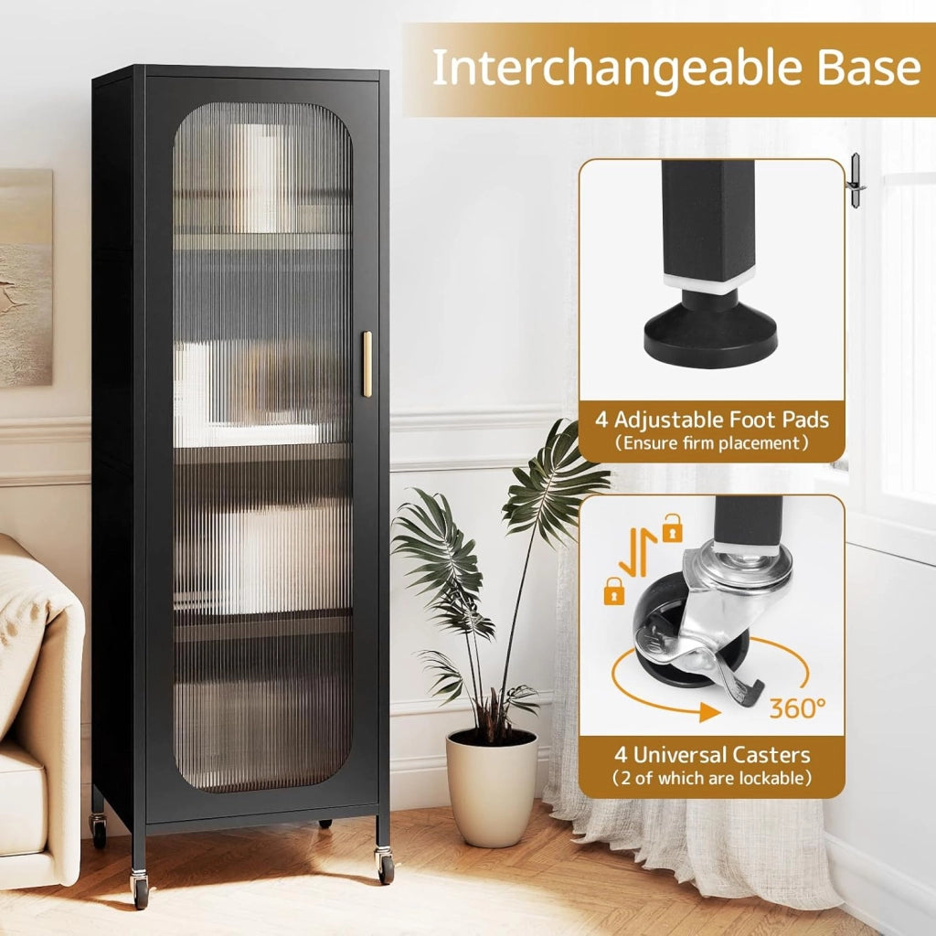Armadio multiuso con anta semitrasparente, mobile metallico con ripiani regolabili in altezza, kit antiribaltamento, gambe/ruote, 45 x 40 x 141 cm, organizer per soggiorno, cucina, bagno