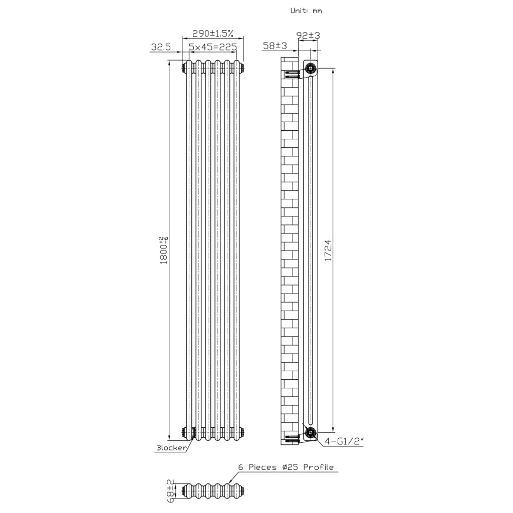 Radiatore 2 Colonne Verticale Metallo Grezzo 1800 x 290 mm TRV