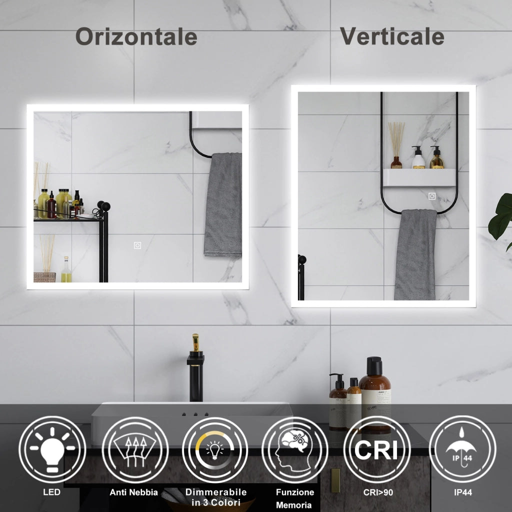 AICA Specchio da bagno  90 x 70 cm, dimmerabile, Funzione Memoria, antiappannamento, 3 colori
