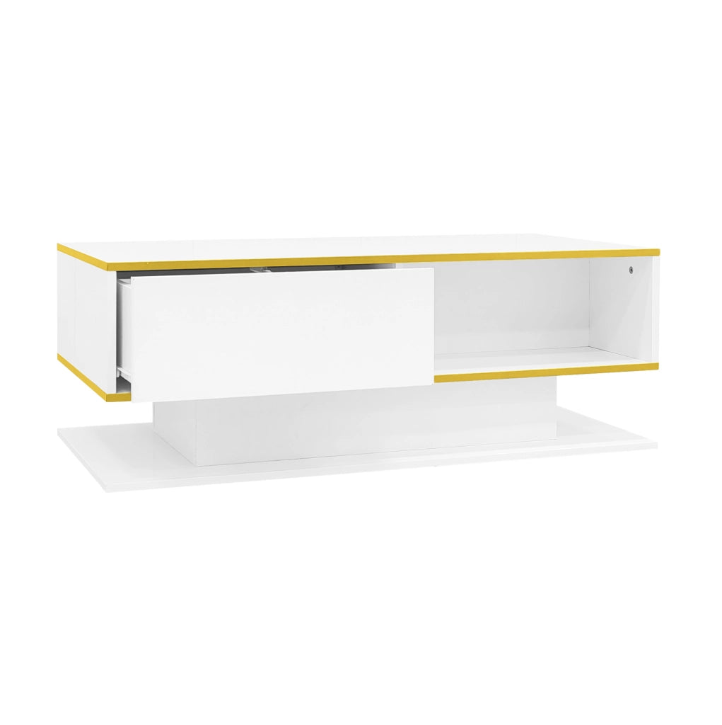 Tavolino da caffè con LED e 3 cassetti 100x50x40 cm in truciolare bianco con dettagli oro