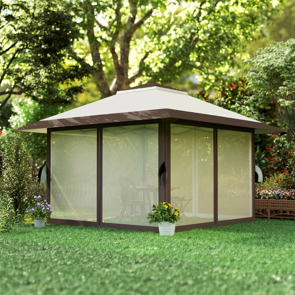 Gazebo 4x4m Ripiegabile pieghevole a piega regolabile in altezza impermeabile con pareti in rete UV 50+ Tenda pieghevole da giardino con borsa da trasporto sacchi di sabbia Gazebo da giardino per il festival del campeggio beige