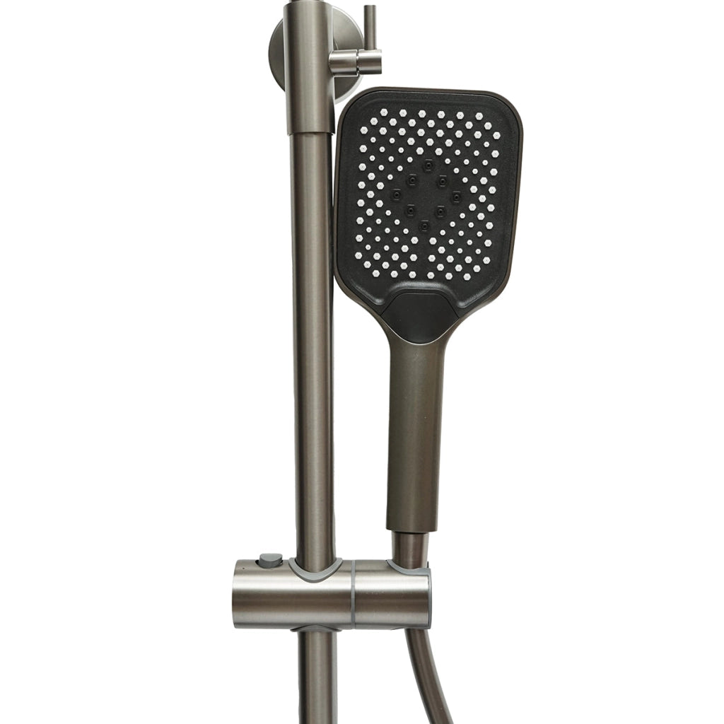 Set doccia multifunzionale con termostato, display digitale della temperatura dell’acqua, 4 funzioni di erogazione dell’acqua, bocca per vasca, soffione rettangolare, doccetta a mano, doccia bidet, colore grigio