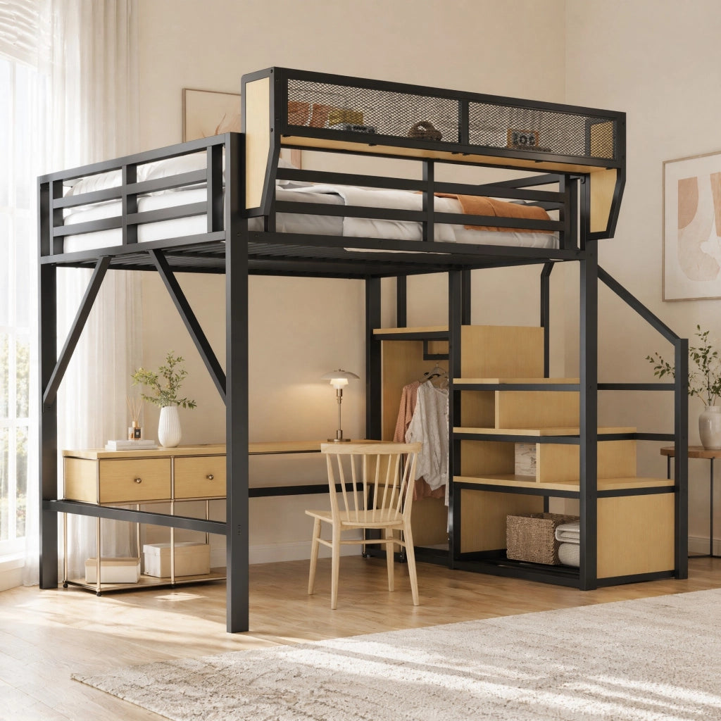 Letto a soppalco 140x200 in metallo con scala di sicurezza e ripiano flessibile, nero