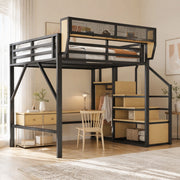 Letto a soppalco 140x200 in metallo con scala di sicurezza e ripiano flessibile, nero