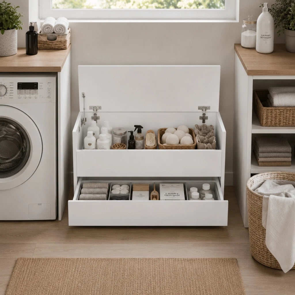 Cassapanca Contenitore Bianca con Cassetto Inferiore e Vano Interno | Panca Ingresso Salvaspazio con Chiusura Soft Close | Baule Multiuso 90x40x46 cm