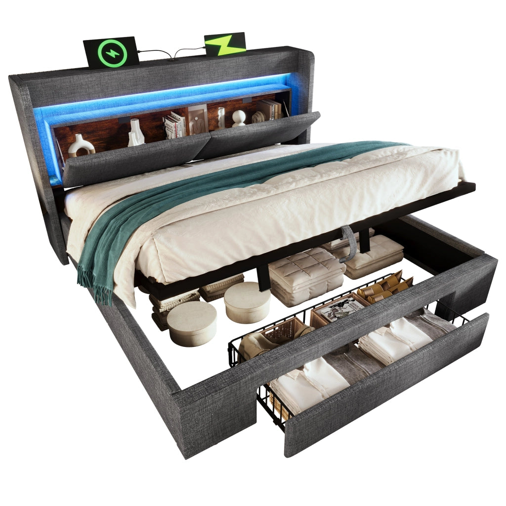 OKWISH Letto Contenitore 140×200 cm, Letto Matrimoniale con LED Regolabile, USB, Tipo C e Testiera con Contenitori, Materasso Incluso, Lino Grigio