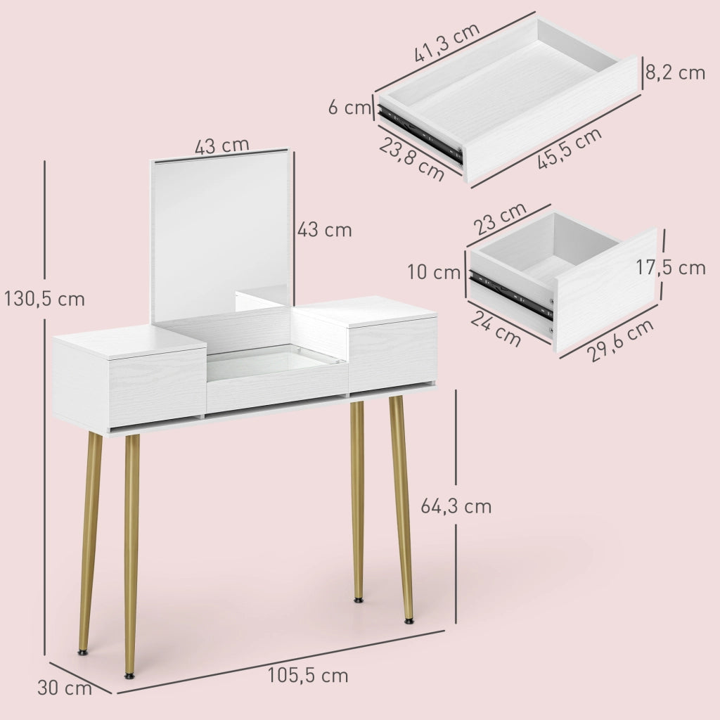 Tocador con Specchio e Cassetti ¨C zephmum ¨C 105.5x30x130.5 cm Bianco Dorato