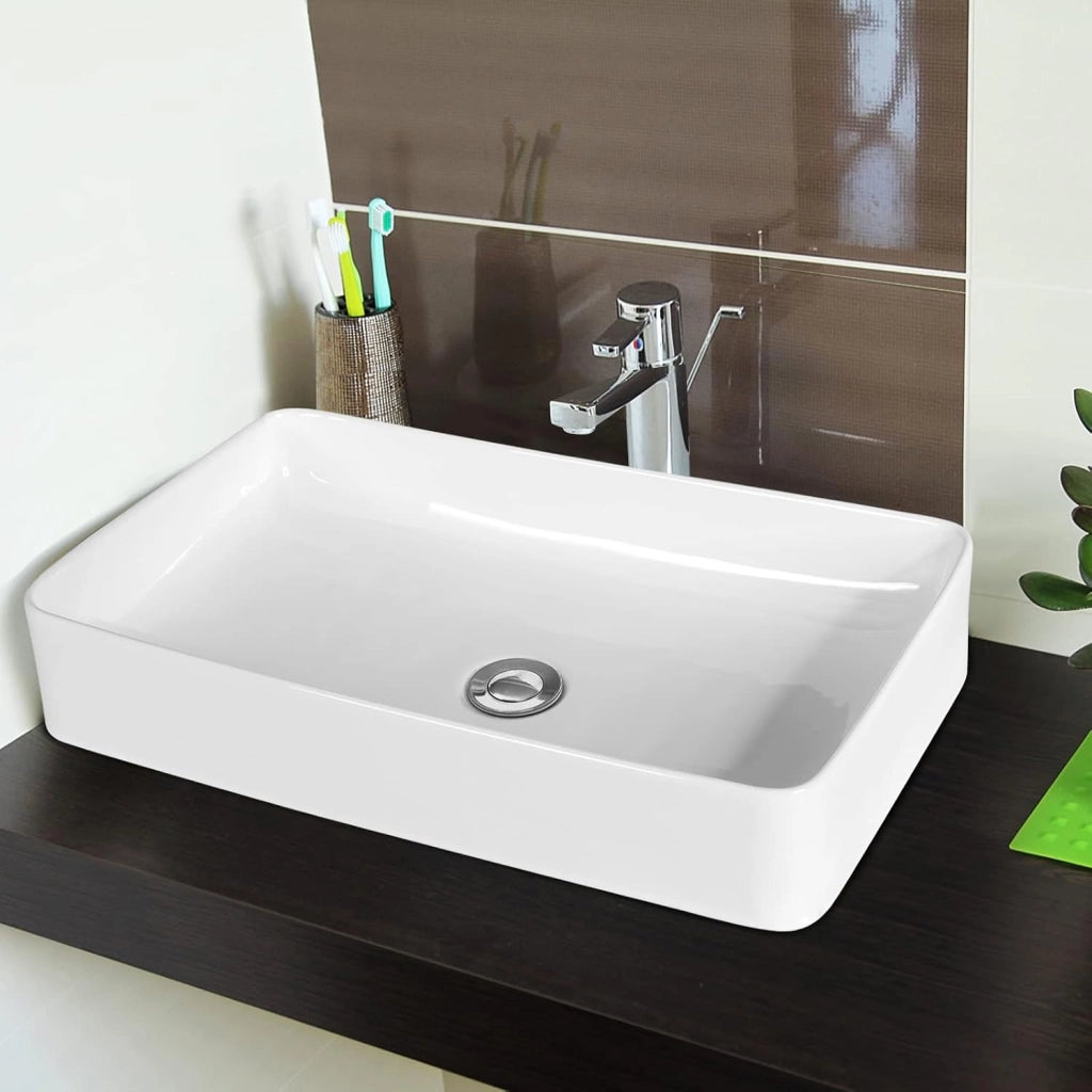 COSTWAY Lavandino Bagno in Ceramica, Lavabo da Appoggio Rettangolare 60 x 35 x 11 cm con Scarico a Scomparsa, Ideale per Cucina e Bagno