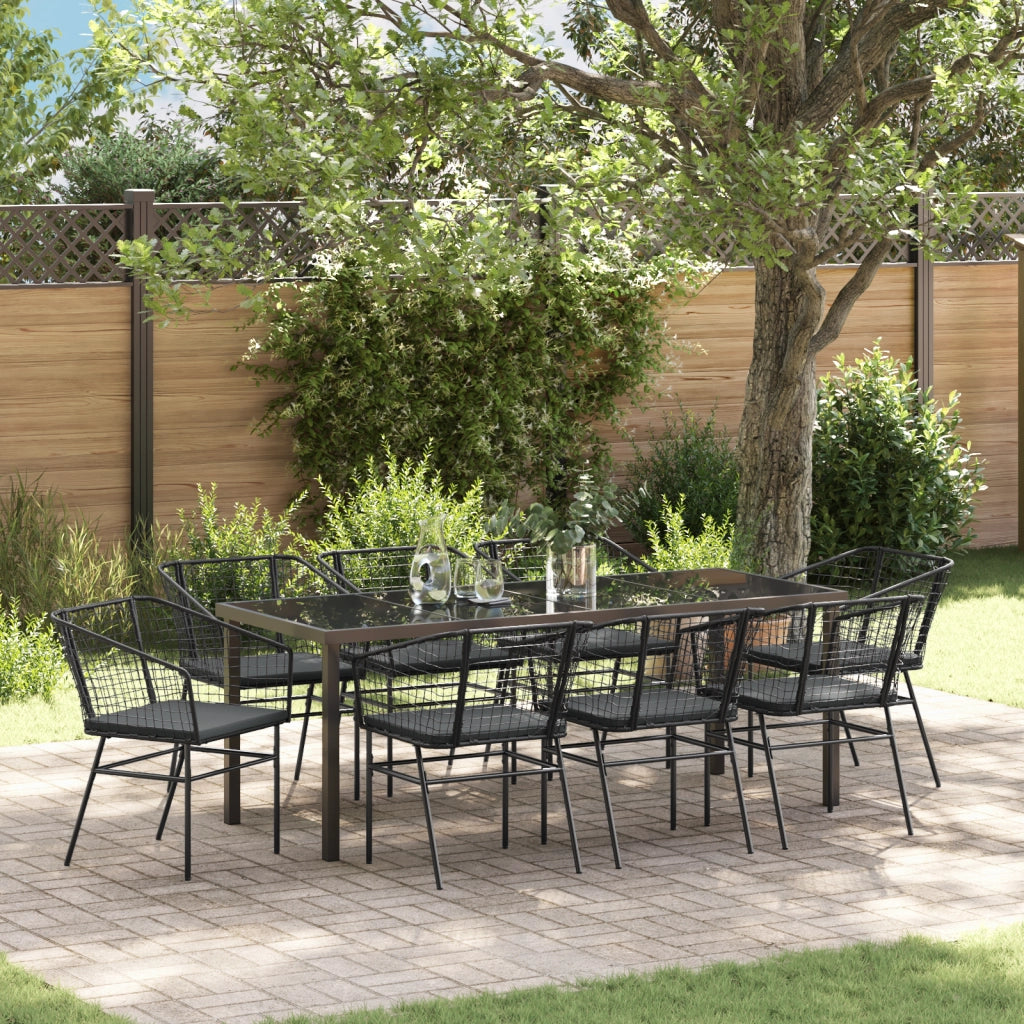 Set da Pranzo da Giardino 9 Pezzi con Cuscini in Polyrattan Nero