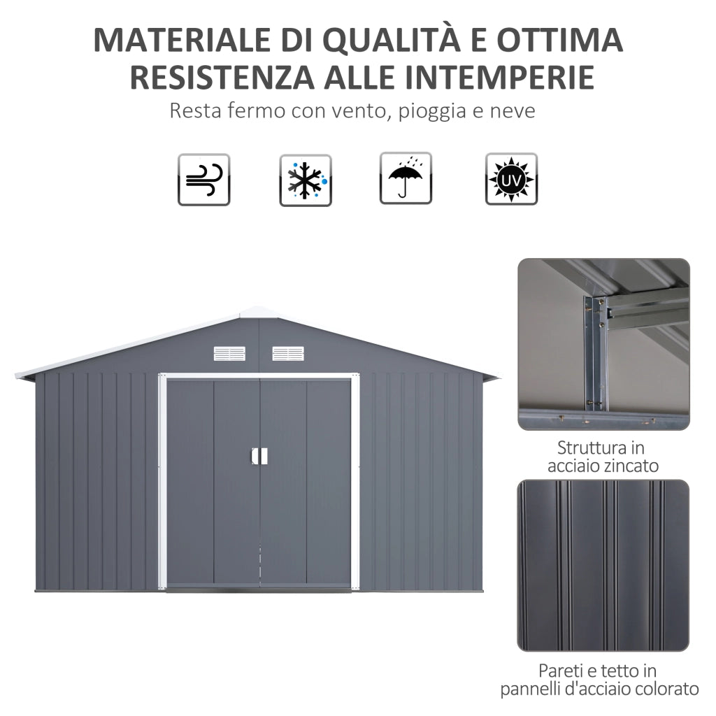EasyComfort Casetta da Giardino 12.4m² con Fondazione, 4 Prese d'Aria e 2 Porte Scorrevoli, Capanno Porta Attrezzi in Lamiera d'Acciaio, 340x386x200 cm, Giallo